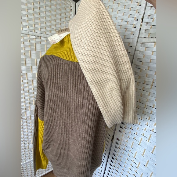 NWT Hem & Thread Turtle Neck Colorblock Cable Knit Jacquard Sweater Mustard Khak - Picture 8 of 13